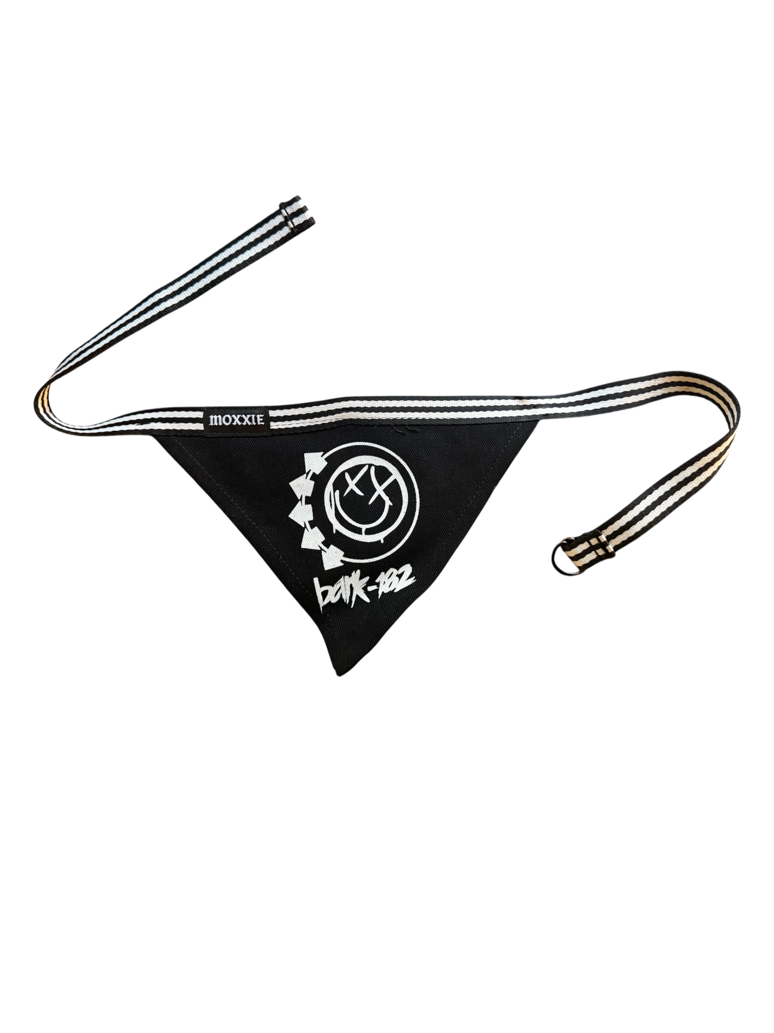 Bark-182 Adjustable Pet Bandana featuring a bold design inspired by Blink-182, perfect for dog lovers and pets with a passion for pop punk and punk rock. Show off your emo style with this stylish band merch for dogs.
