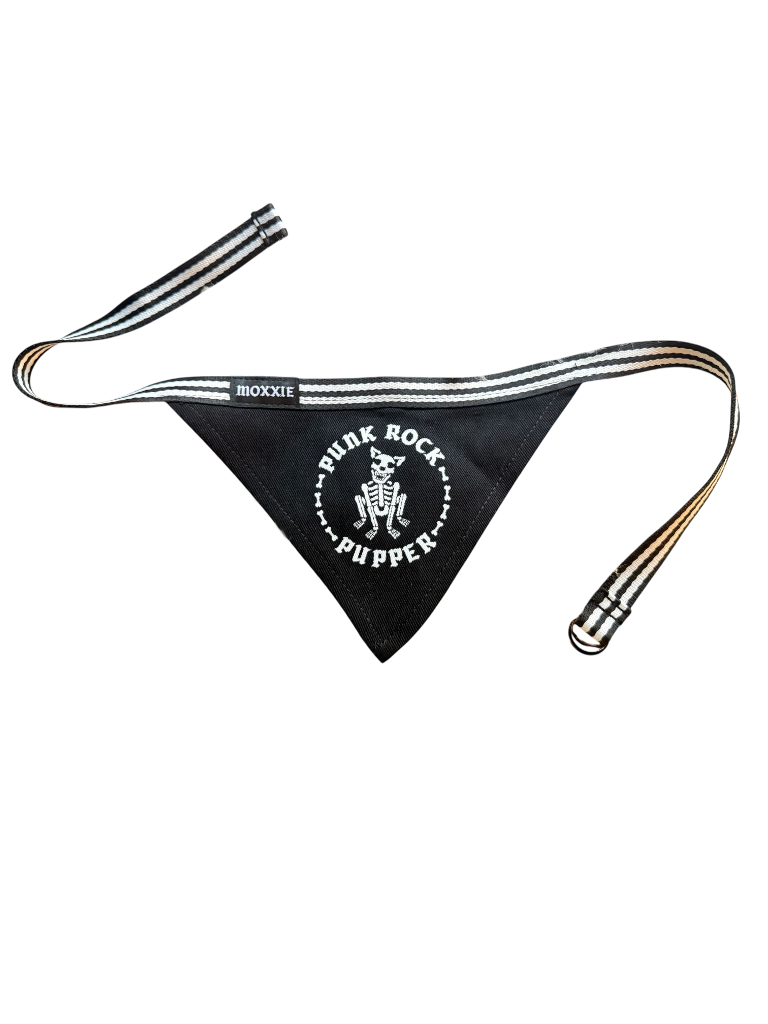 Punk Rock Pupper Adjustable Pet Bandana featuring a bold skeleton design inspired by traditional tattoo flash, perfect for punk rock dogs. A stylish and edgy pet bandana to add a punk vibe to your dog's accessories.