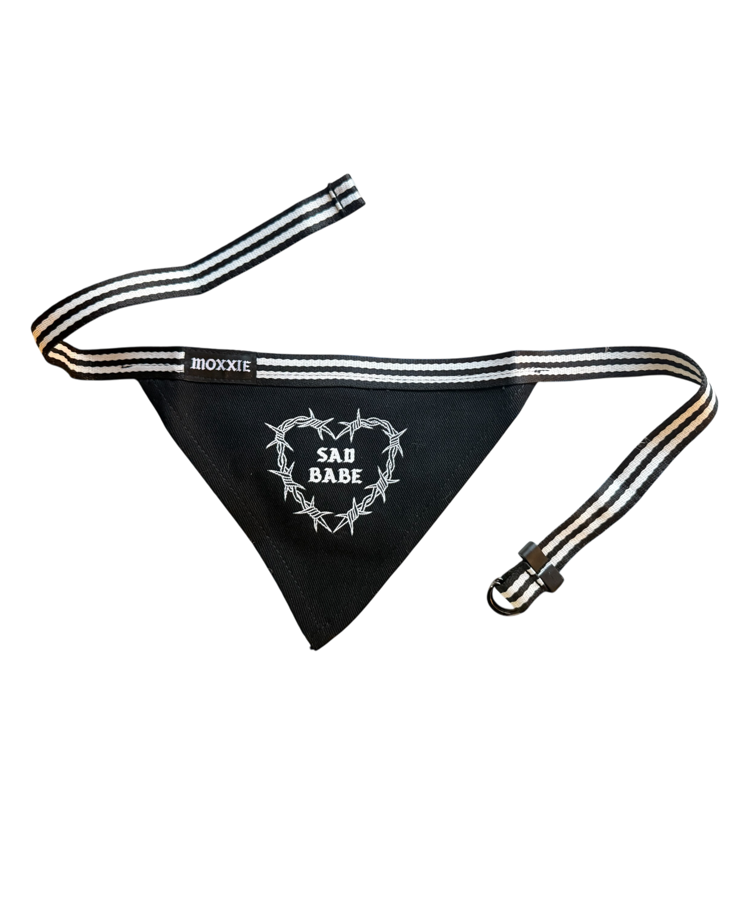 Sad Babe Adjustable Pet Bandana featuring a Barbed Wire Heart design, perfect for emo dog lovers. A stylish accessory for dogs to showcase their emo vibe at Emo Night, adding a touch of edgy flair to pet accessories.