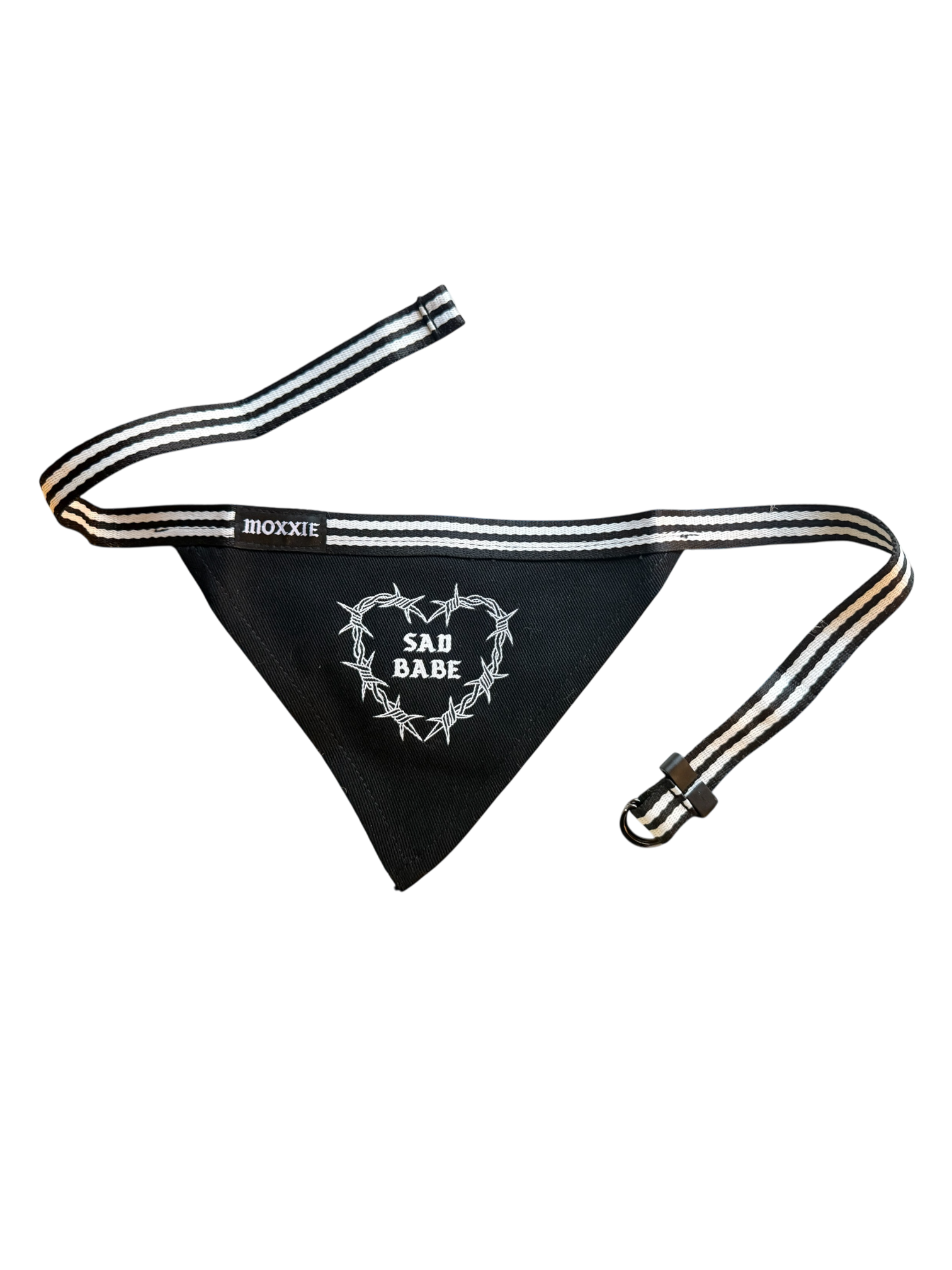Sad Babe Adjustable Pet Bandana featuring a Barbed Wire Heart design, perfect for emo dog lovers. A stylish accessory for dogs to showcase their emo vibe at Emo Night, adding a touch of edgy flair to pet accessories.