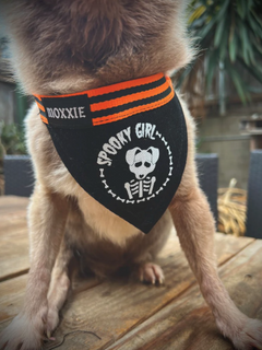 Small Spooky Girl pet bandana – designed for small dogs, featuring a cute and spooky Halloween design.