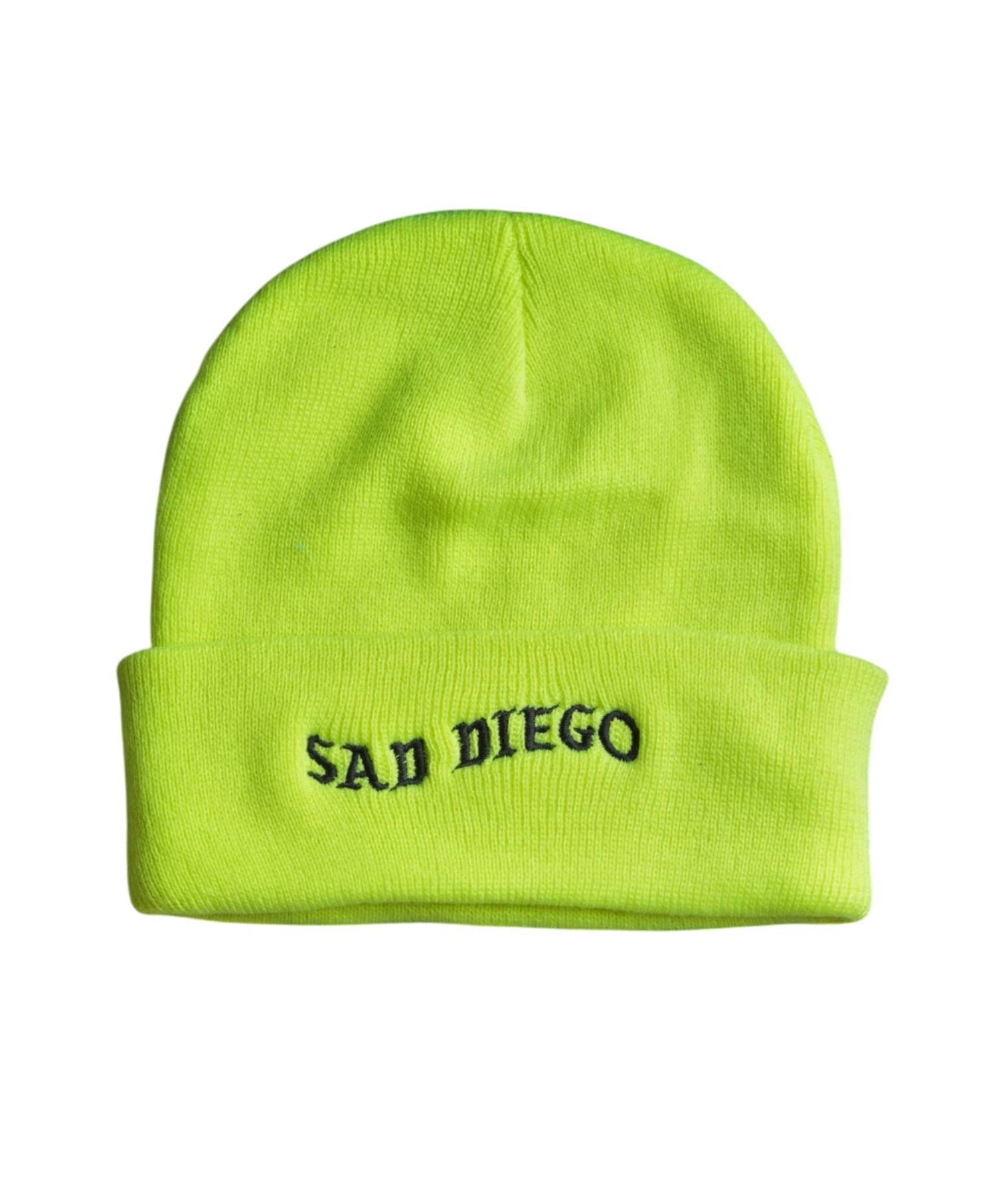 Bright and bold neon yellow Sad Diego beanie – a must-have for any emo fan in San Diego.