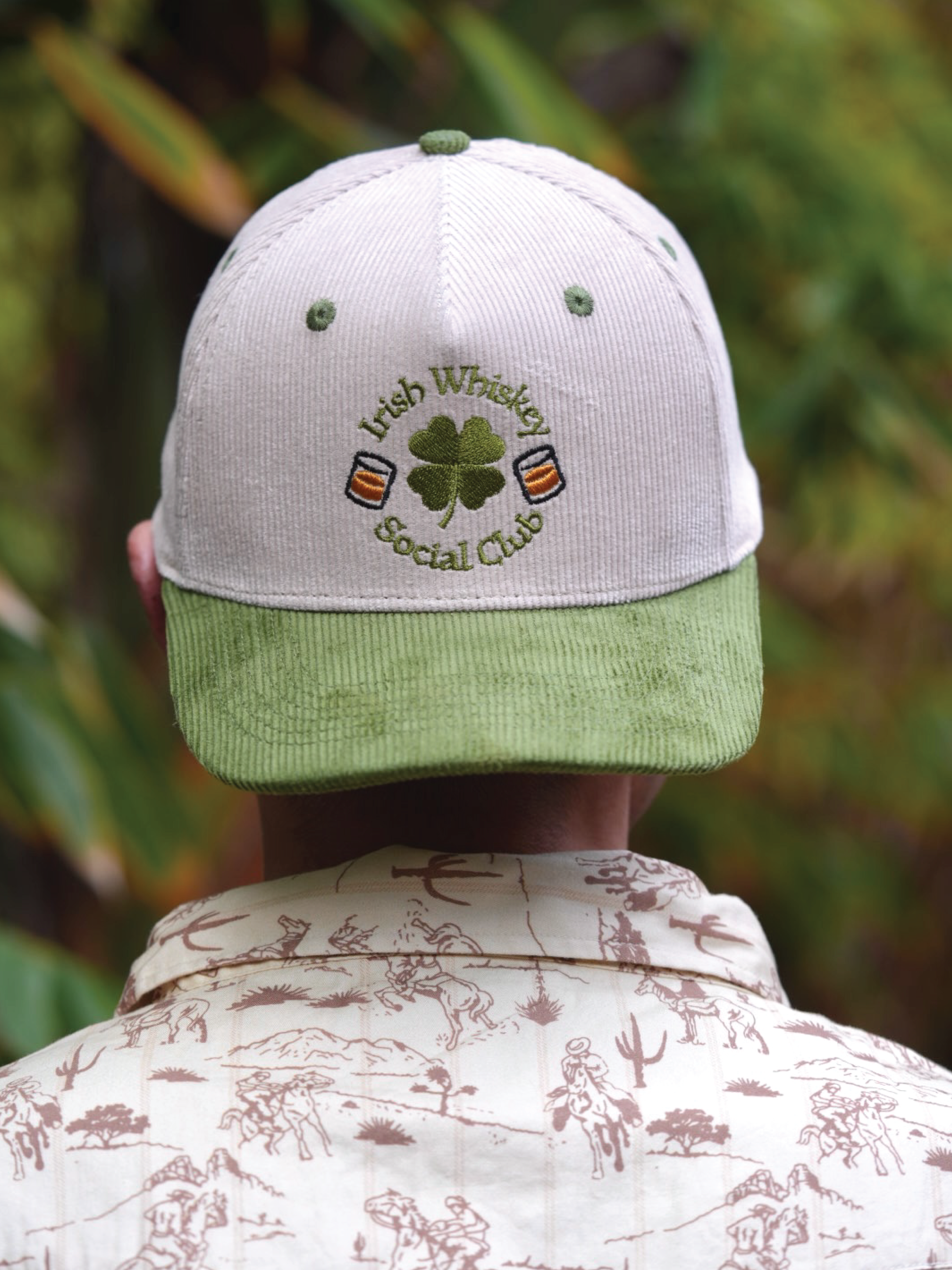 Jameson-inspired Irish Whiskey Social Club hat – a custom corduroy drinking hat perfect for St. Patrick’s Day celebrations.