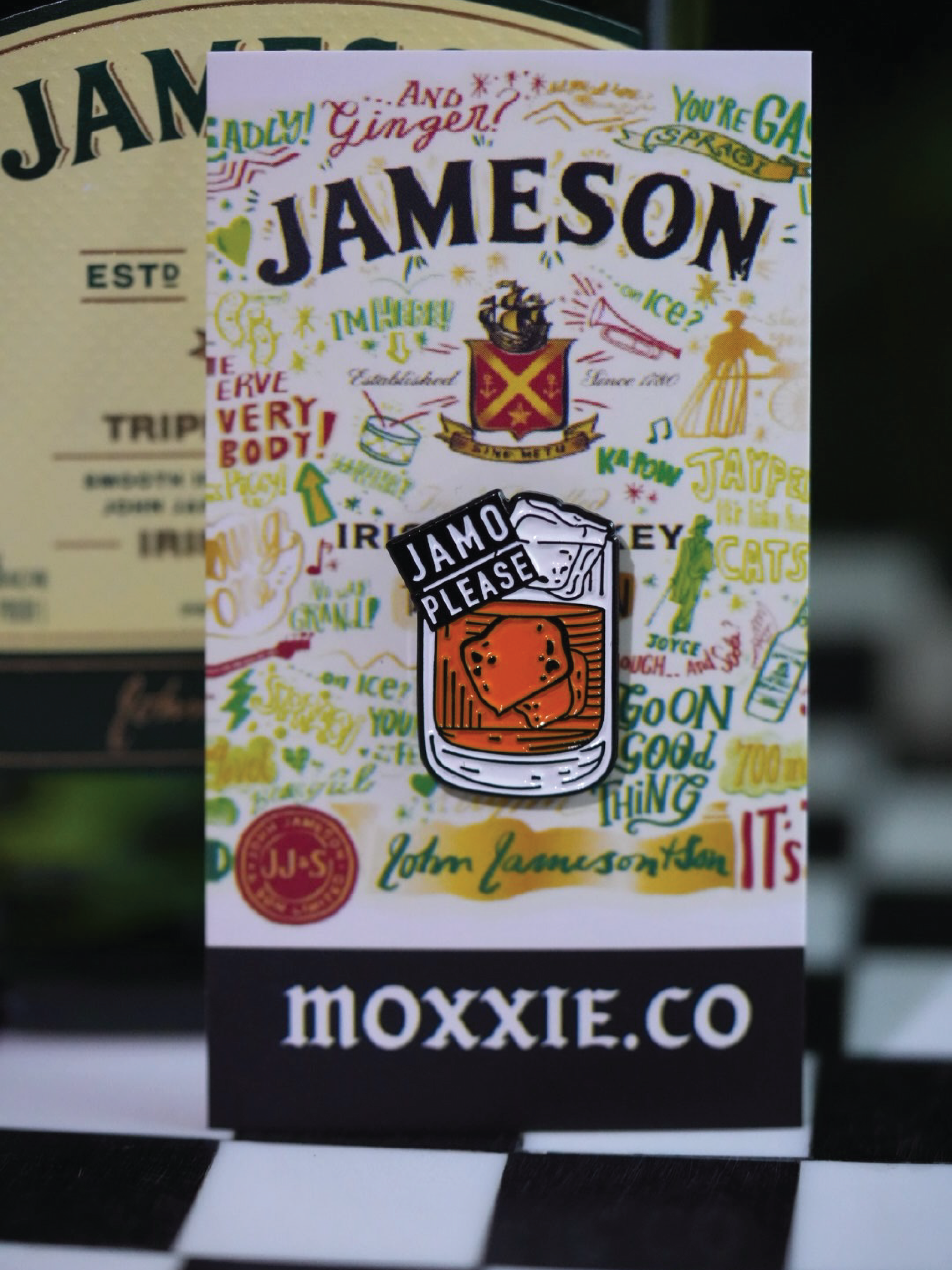 Jamo Please enamel pin on a unique card backing, perfect for gifting to whiskey lovers or St. Patrick's Day fans.