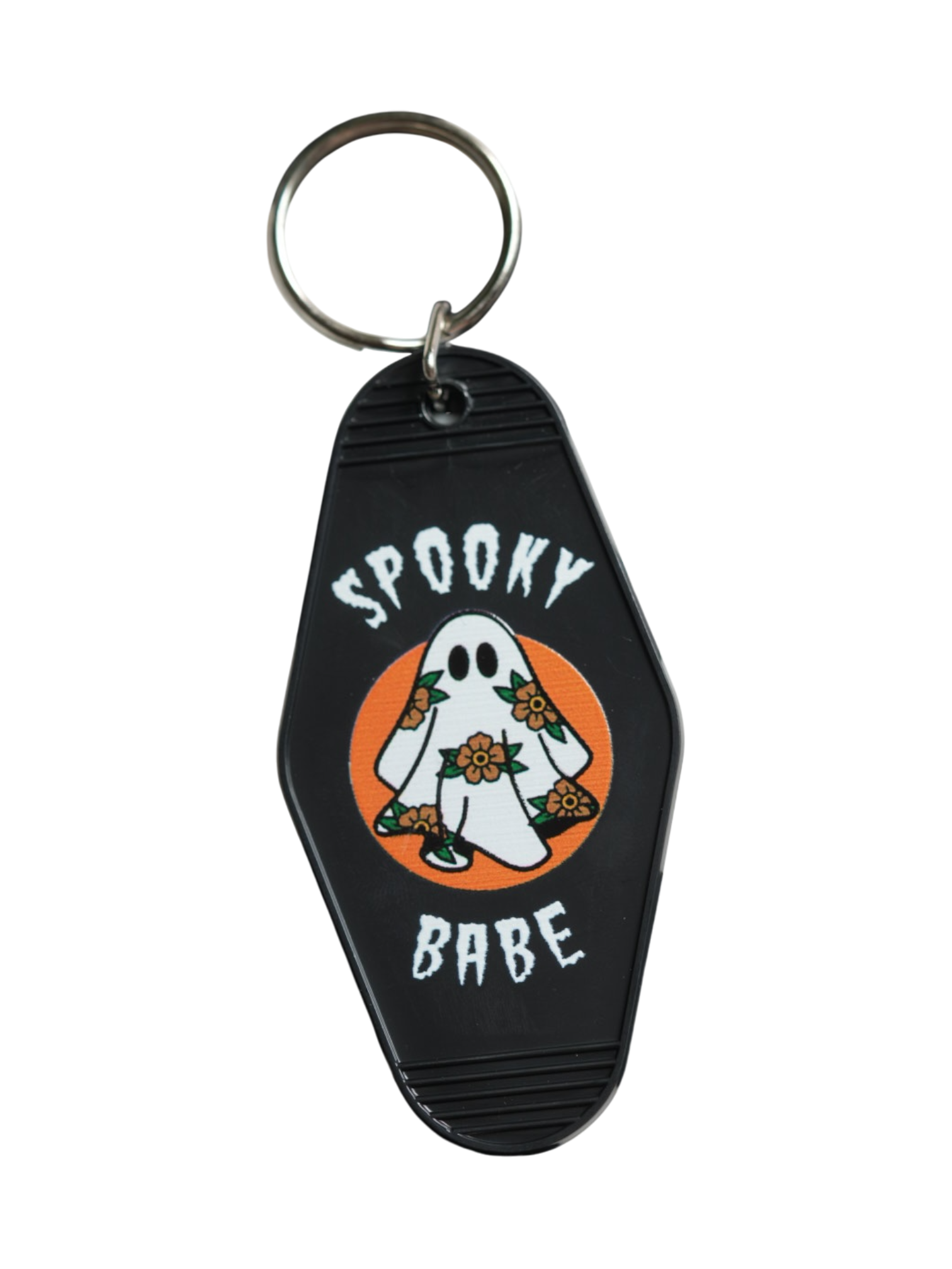Spooky babe ghost keychain with a floral twist – a hauntingly cute addition to your collection of vintage-inspired accessories.