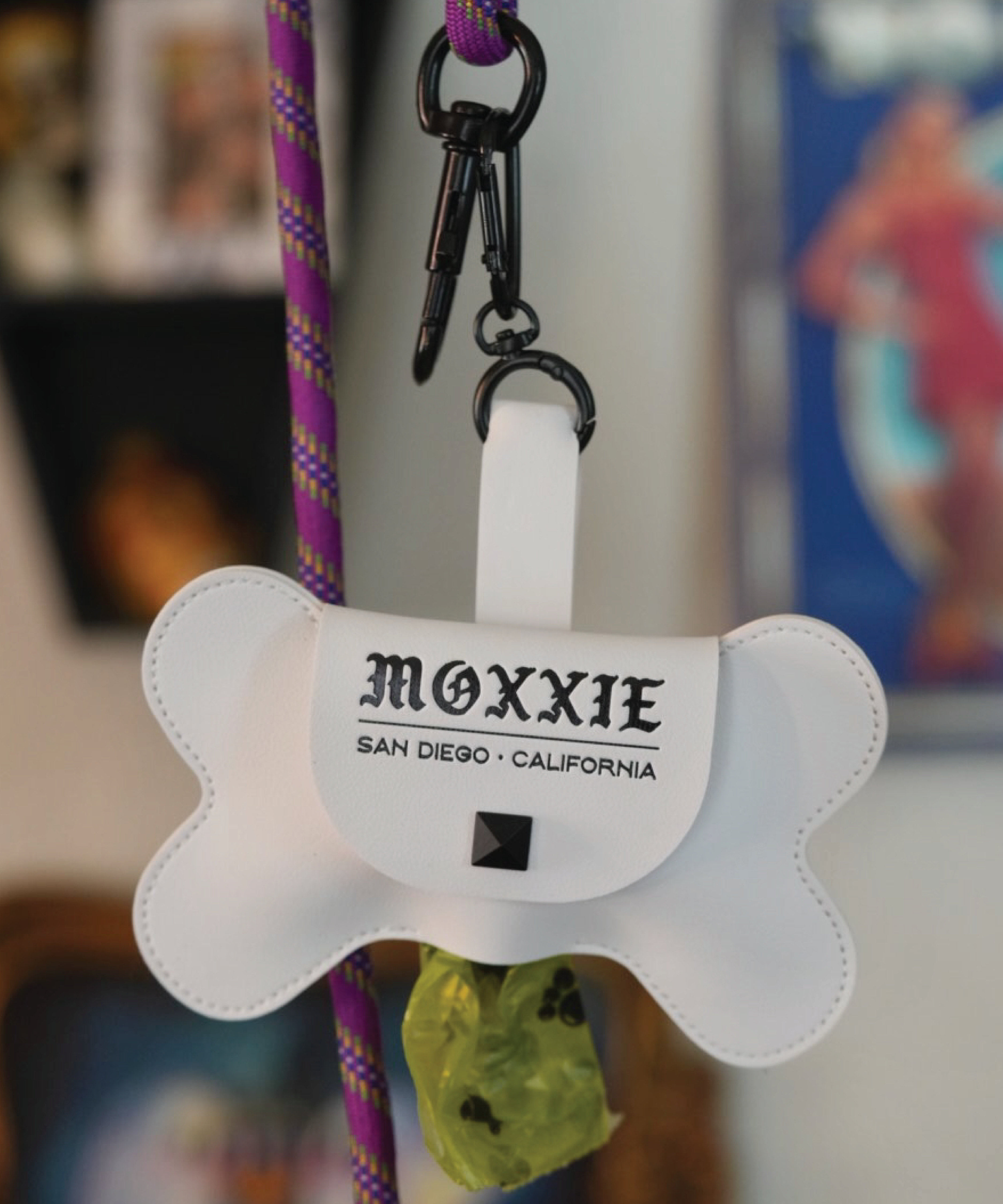 Moxxie White Leather Poop Bag Pouch – sleek faux leather with custom punk button closure and matte black hardware for ultimate convenience.