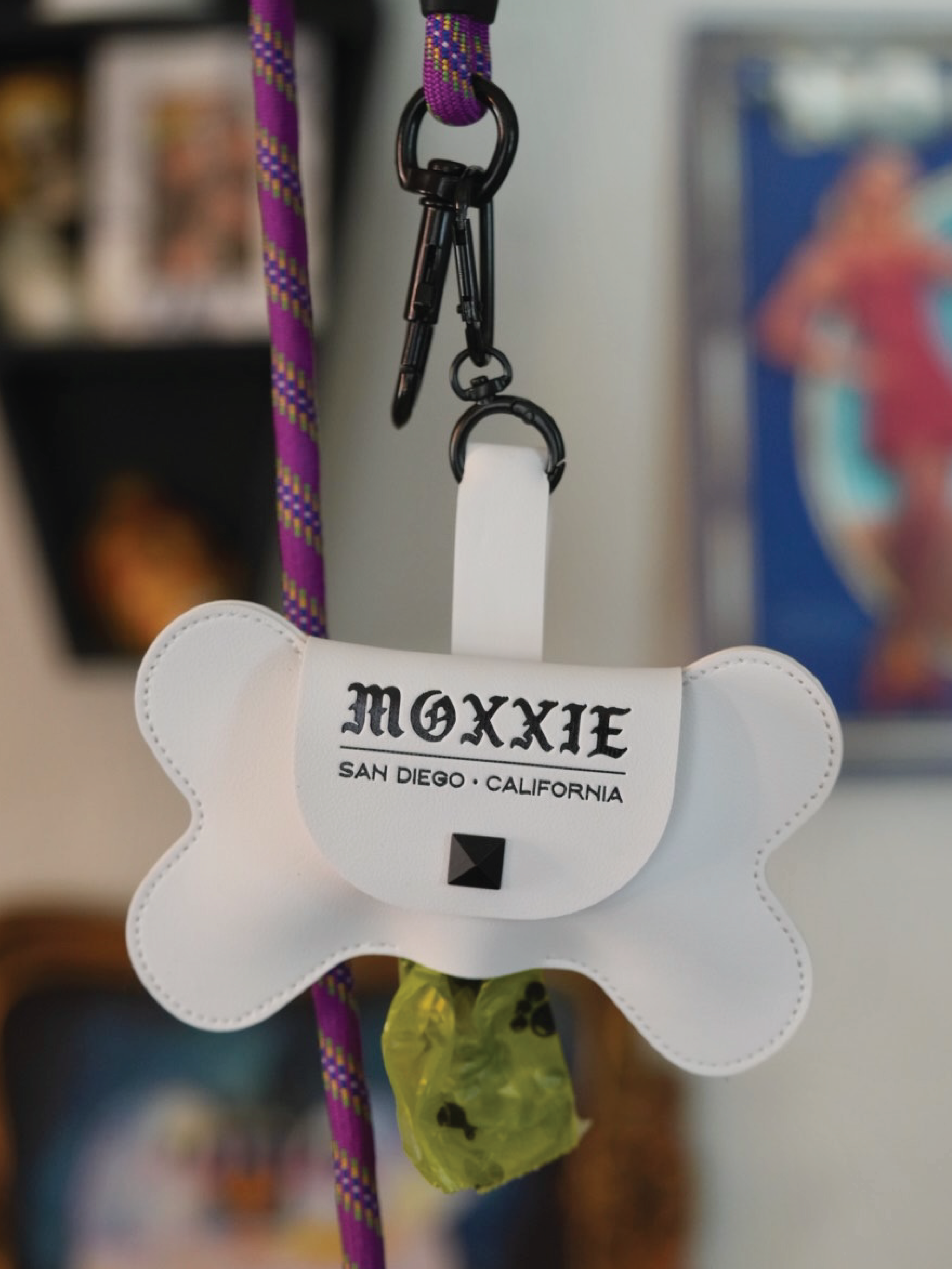 Moxxie White Leather Poop Bag Pouch – sleek faux leather with custom punk button closure and matte black hardware for ultimate convenience.