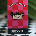 This spooky Batty for You pin is the ideal accessory for any Halloween enthusiast or spooky babe. Comes with a checkered red and pink backing. 