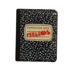 Feelings notebook pin, featuring a composition book design with doodles. 