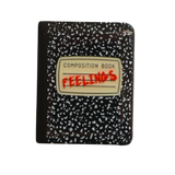 Feelings notebook pin, featuring a composition book design with doodles. 