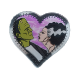 Emo-inspired Frankenstein and Bride pin, featuring spooky romance in a heart shape – perfect for lovers this Halloween.