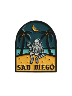 Sad Diego pin with a skeleton by the moonlit beach – a must-have for Sad Boys and emo fans in San Diego.