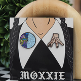 A creepy-cool Wednesday Addams pin set, ideal for spooky babes and lovers of the Addams Family.