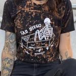 Sad Diego Coffin Hand Bleached Tee with a skeleton design, perfect for Emo Night.