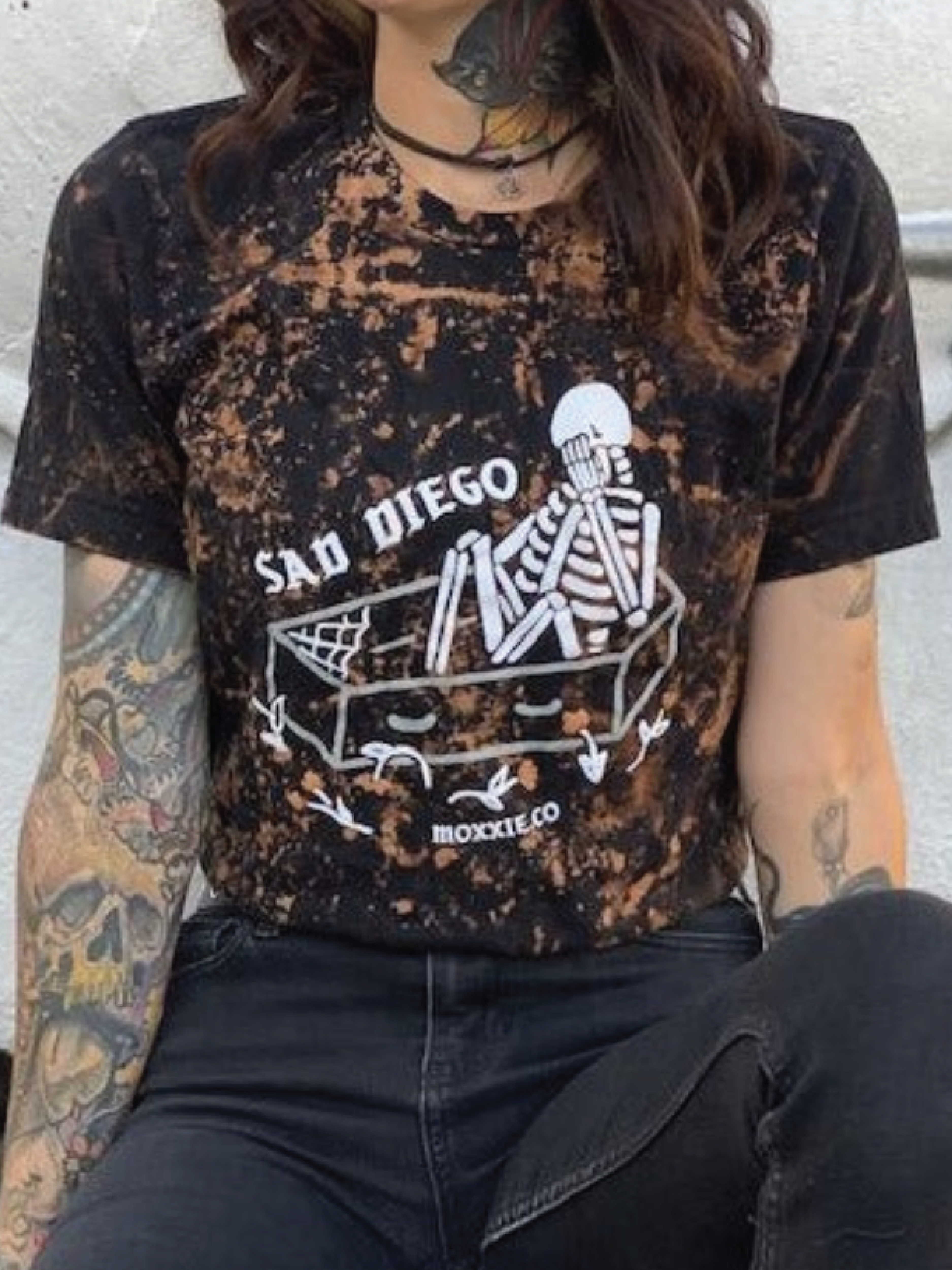 Sad Diego Coffin Hand Bleached Tee with a skeleton design, perfect for Emo Night.