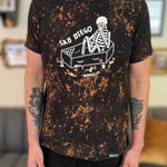Sad Diego Collection must have! Rock the Emo vibe with a Sad Diego Coffin Bleached Tee, showcasing a skeleton design for a unique look.