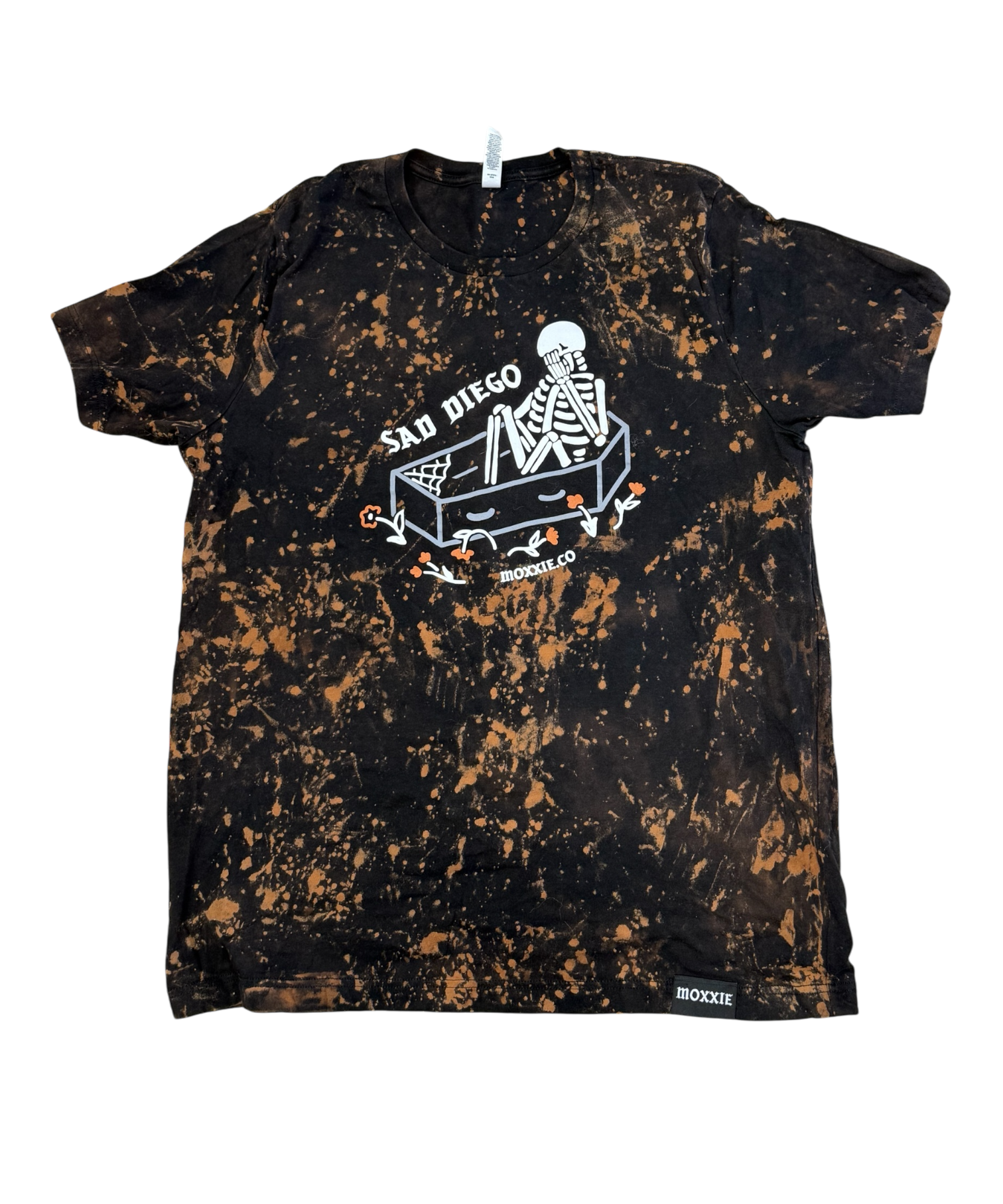 Sad Diego Coffin Hand Bleached Tee with a skeleton crying in a coffin design. Perfect for Emo girls and Emo boys. 