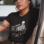 Sad Diego Coffin Crop Tee with a skeleton graphic—ideal for Emo Night enthusiasts and fans of bold, edgy fashion. A must-have crop top for any Sad Diego fan.