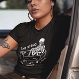 Sad Diego Coffin Crop Tee with a skeleton graphic—ideal for Emo Night enthusiasts and fans of bold, edgy fashion. A must-have crop top for any Sad Diego fan.