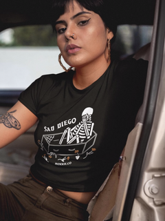 Sad Diego Coffin Crop Tee with a skeleton graphic—ideal for Emo Night enthusiasts and fans of bold, edgy fashion. A must-have crop top for any Sad Diego fan.
