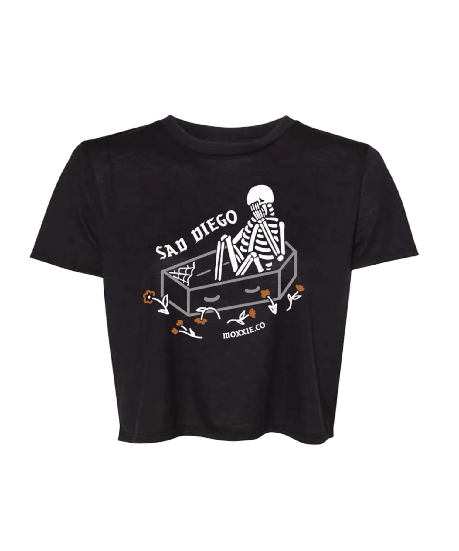 Show your Sad Diego spirit with this Coffin Crop Tee, featuring a skeleton design that’s perfect for an Emo Night out. A must-have crop top.