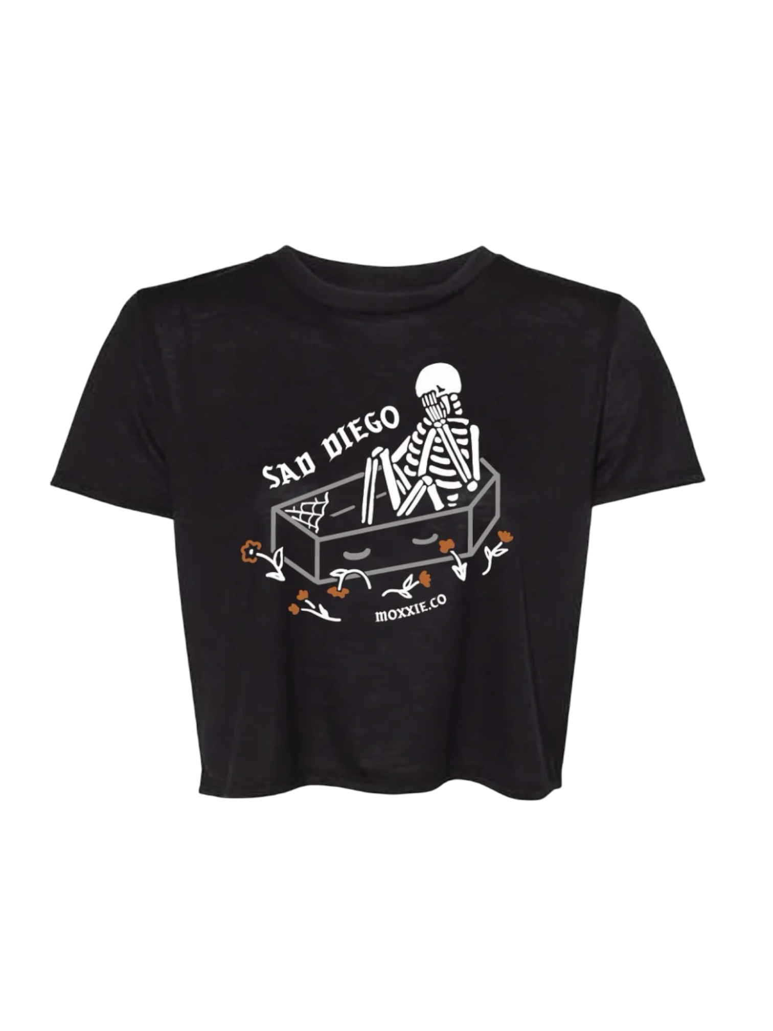 Show your Sad Diego spirit with this Coffin Crop Tee, featuring a skeleton design that’s perfect for an Emo Night out. A must-have crop top.