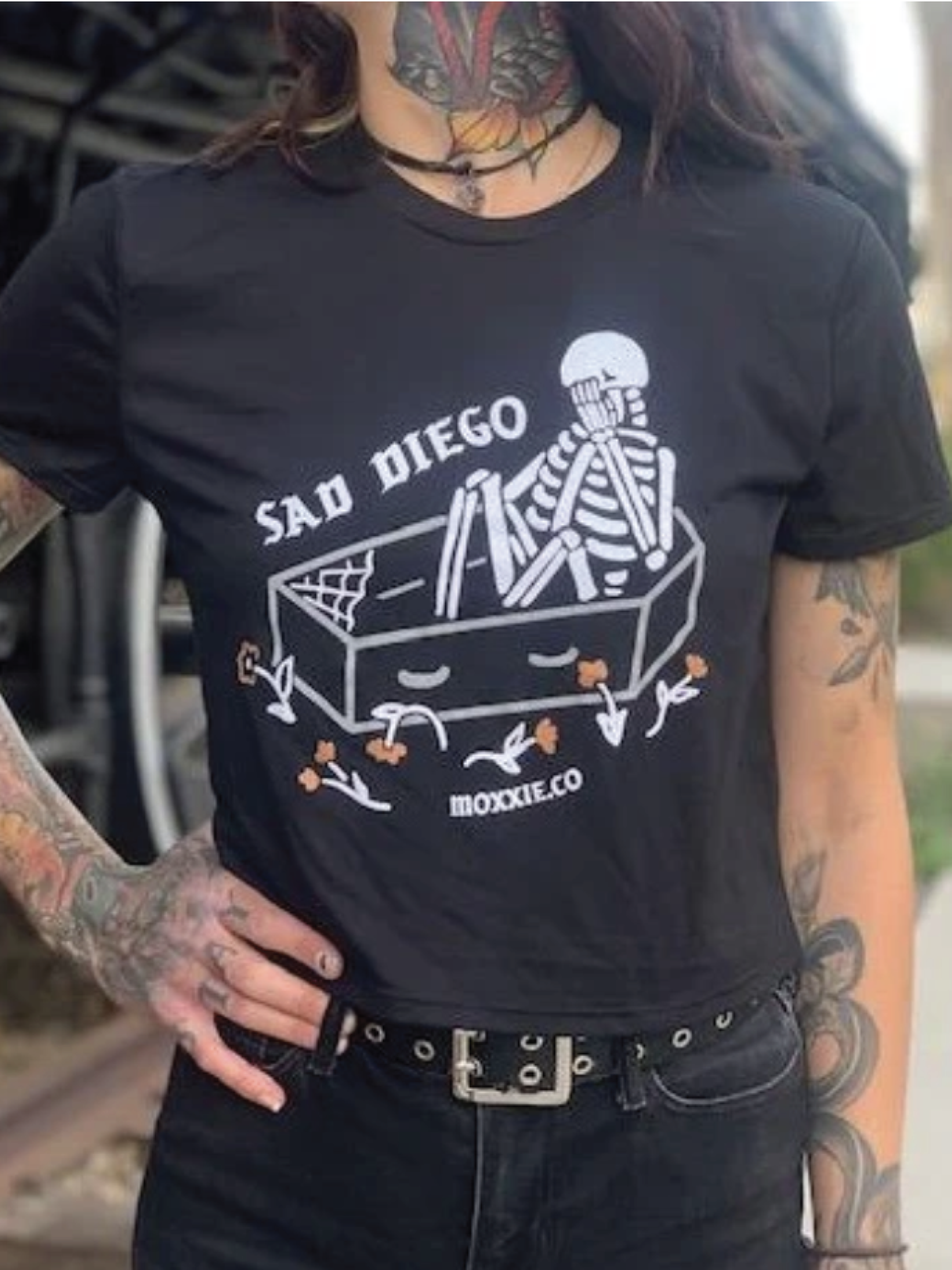 Sad Diego Coffin Crop Tee featuring a skeleton design, perfect for Emo Night lovers and fans of unique fashion. Show off your Sad Diego style with this edgy crop top.