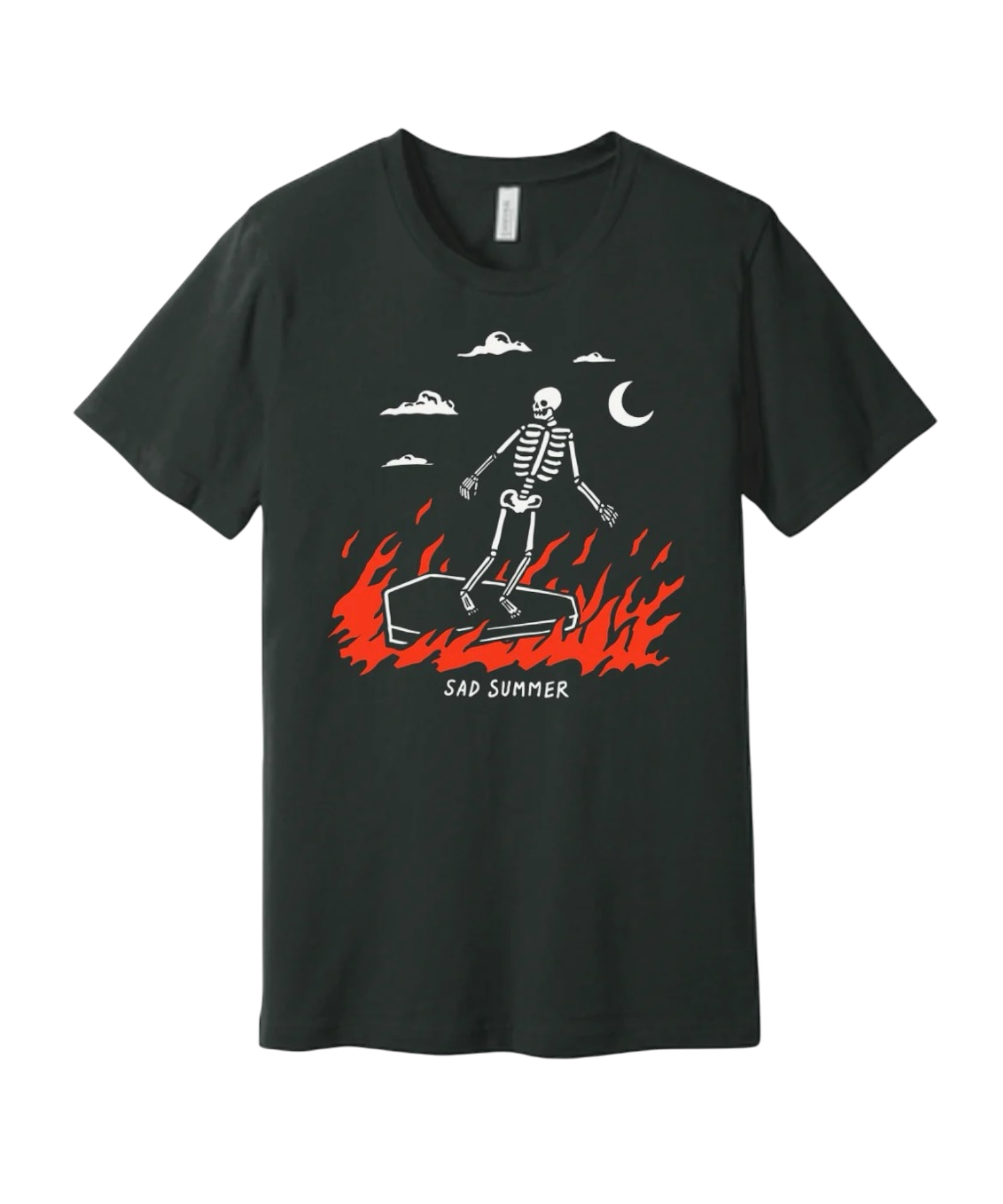 Sad Summer Unisex Tee, combining Emo aesthetics with a skeleton, coffin, and SoCal surfing spirit for the ultimate beach style.