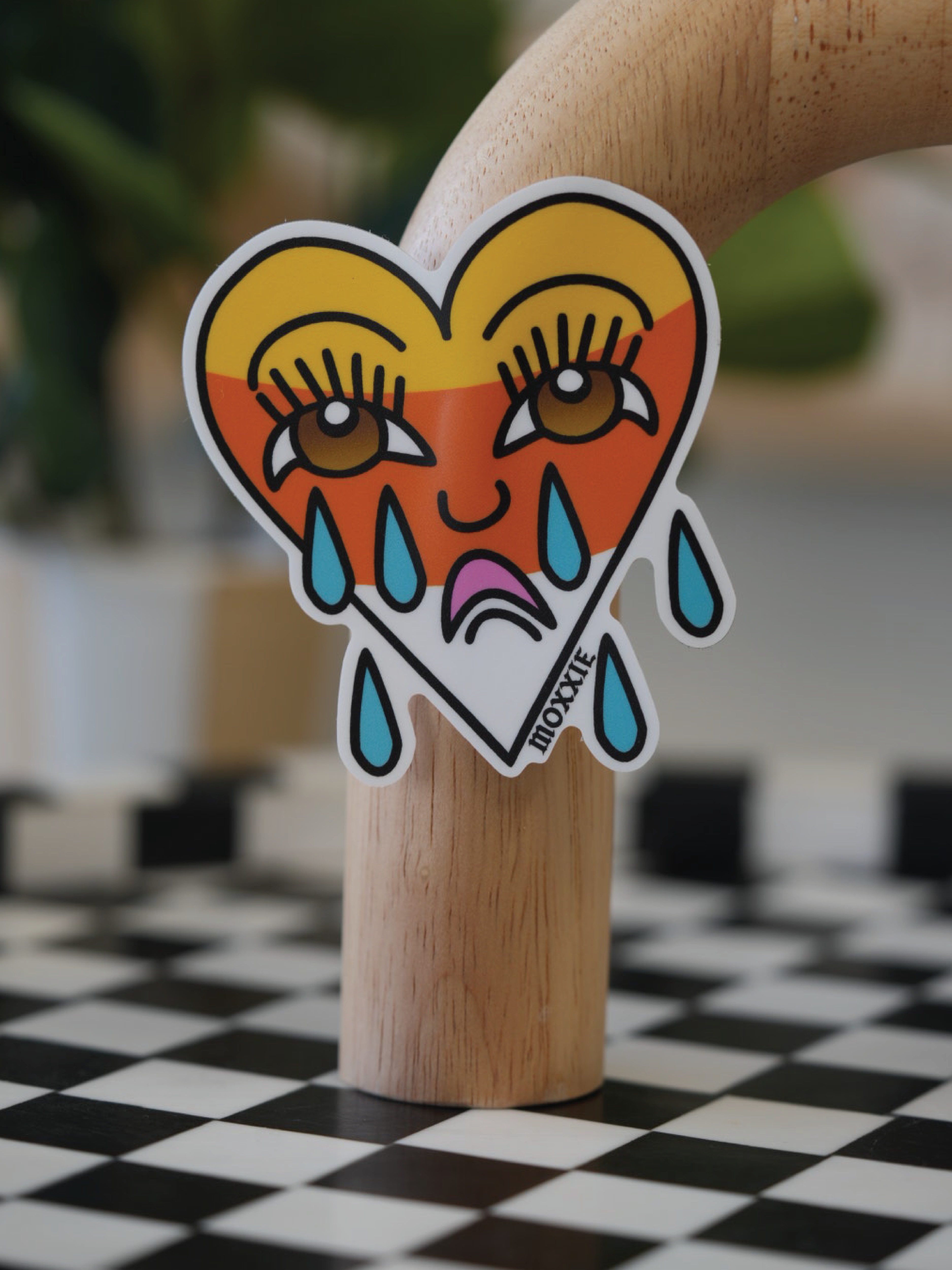 Crying Heart Candy Corn Sticker with a traditional tattoo style, perfect for Halloween.