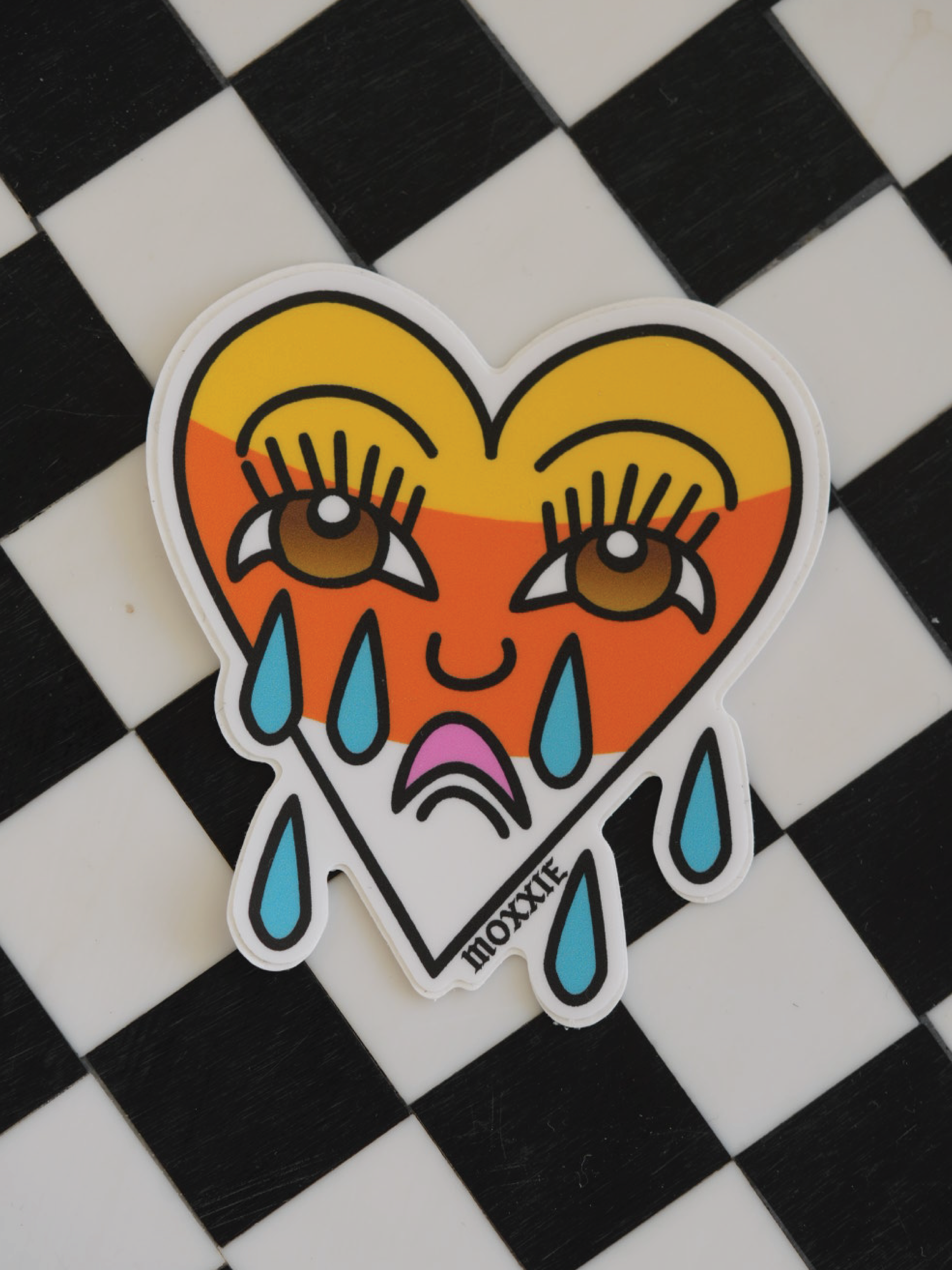 Sad boy/girl crying heart design with candy corn, traditional tattoo-style Halloween sticker.