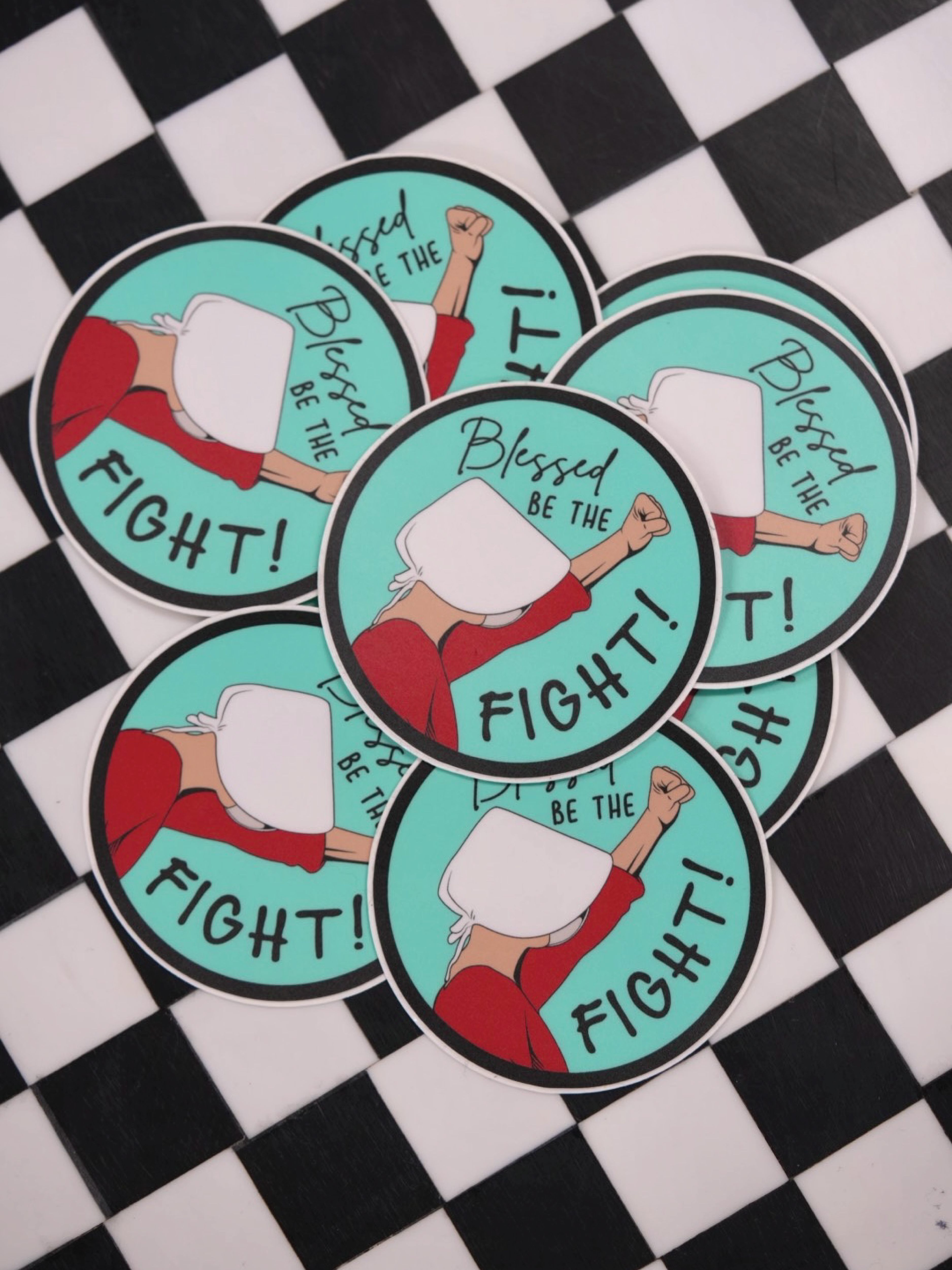 Set of 10 Handmaid's Tale stickers promoting women's rights, abortion rights, equal rights, and women's healthcare in protest.