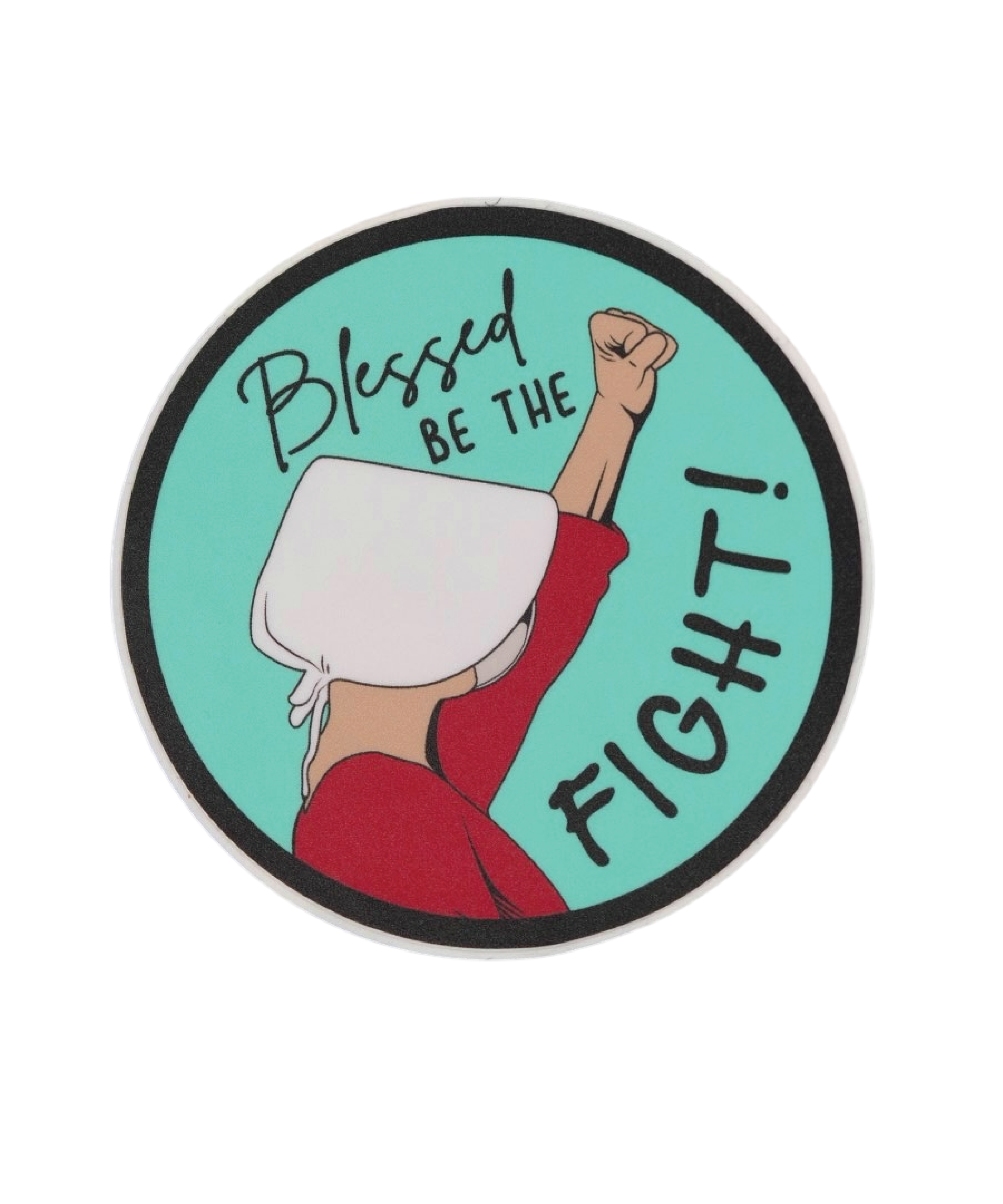 Feminist sticker featuring a Handmaid from The Handmaid's Tale, symbolizing the fight for women's rights, equal rights, and abortion rights in protest for women's healthcare and equality.
