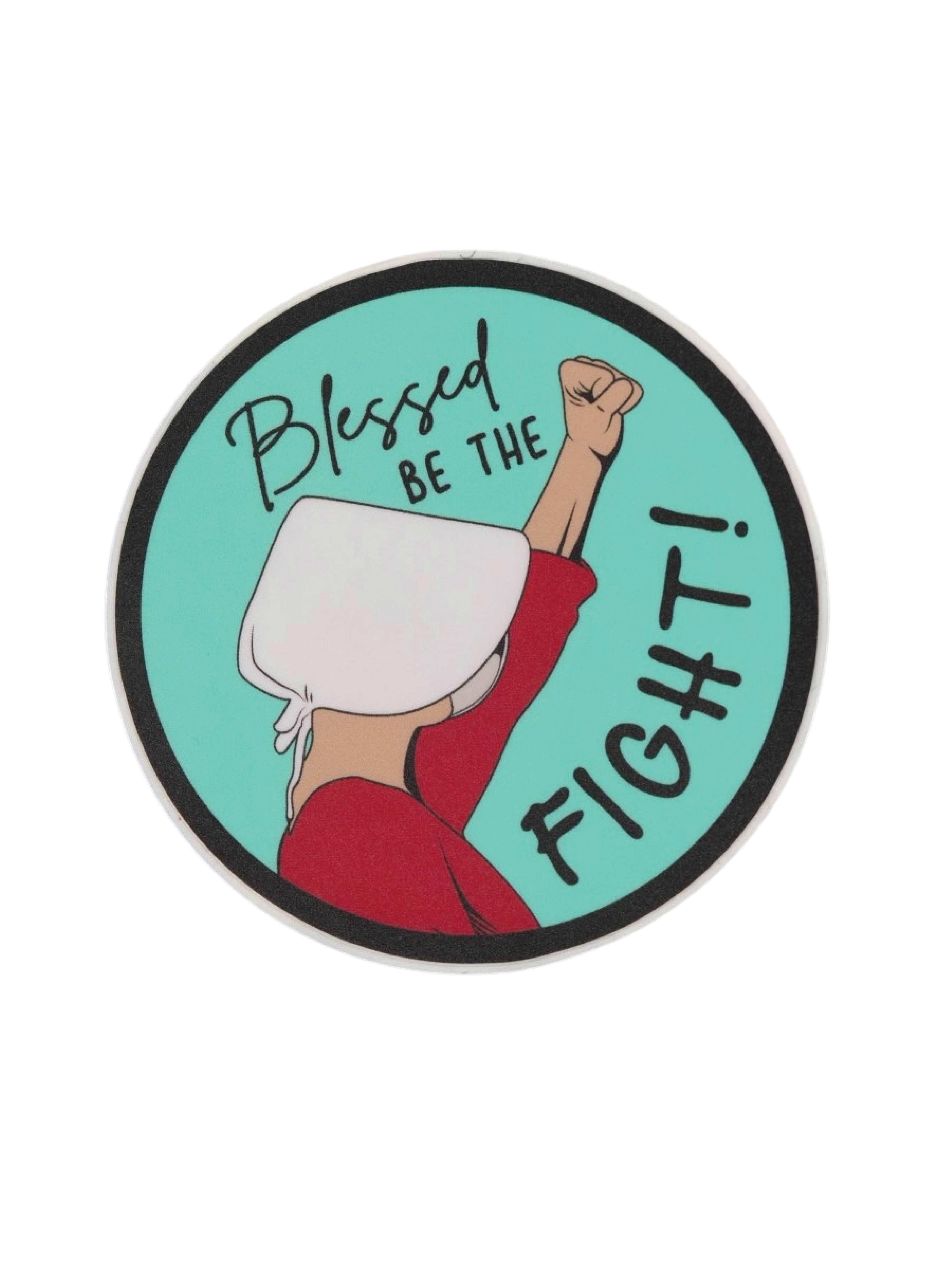 Feminist sticker featuring a Handmaid from The Handmaid's Tale, symbolizing the fight for women's rights, equal rights, and abortion rights in protest for women's healthcare and equality.