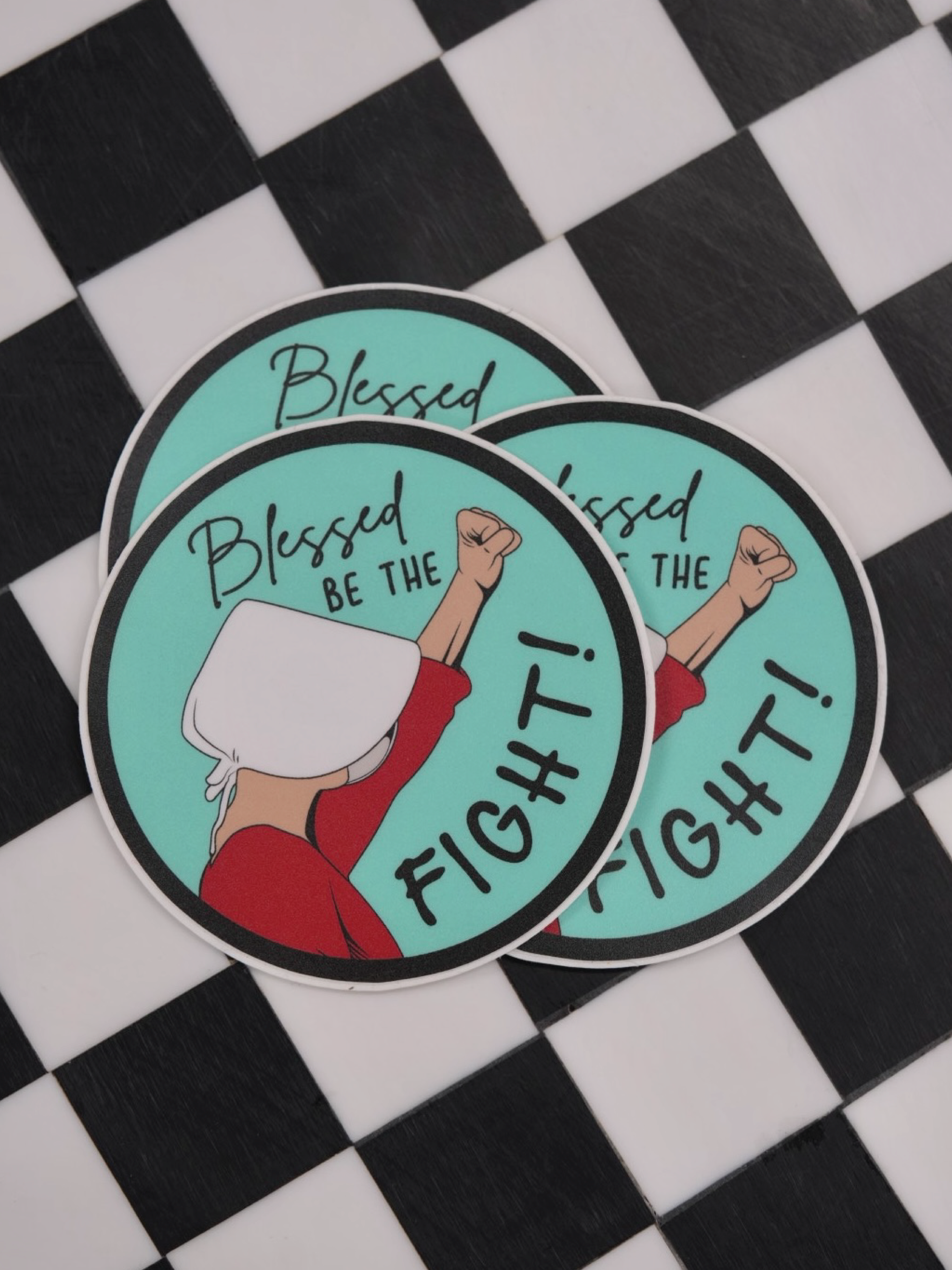 Set of 3 feminist stickers featuring a Handmaid from The Handmaid's Tale, advocating for women's rights, equal rights, abortion rights, and women's healthcare.