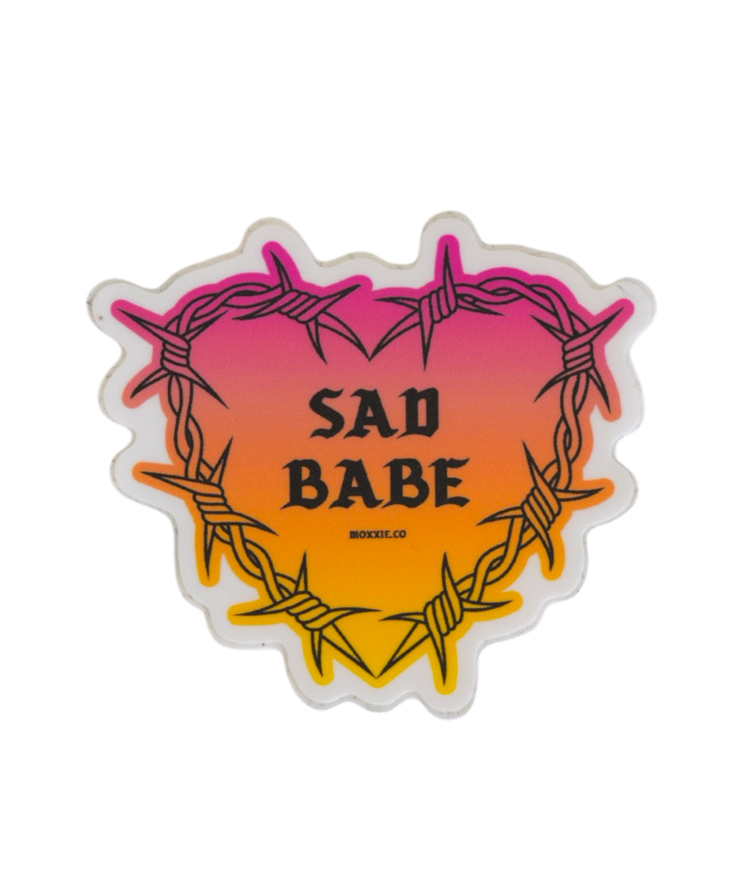Emo-inspired 'Sad Babe' sticker with a barbed wire heart, capturing the essence of traditional tattoo art for a bold, Sad Diego vibe.