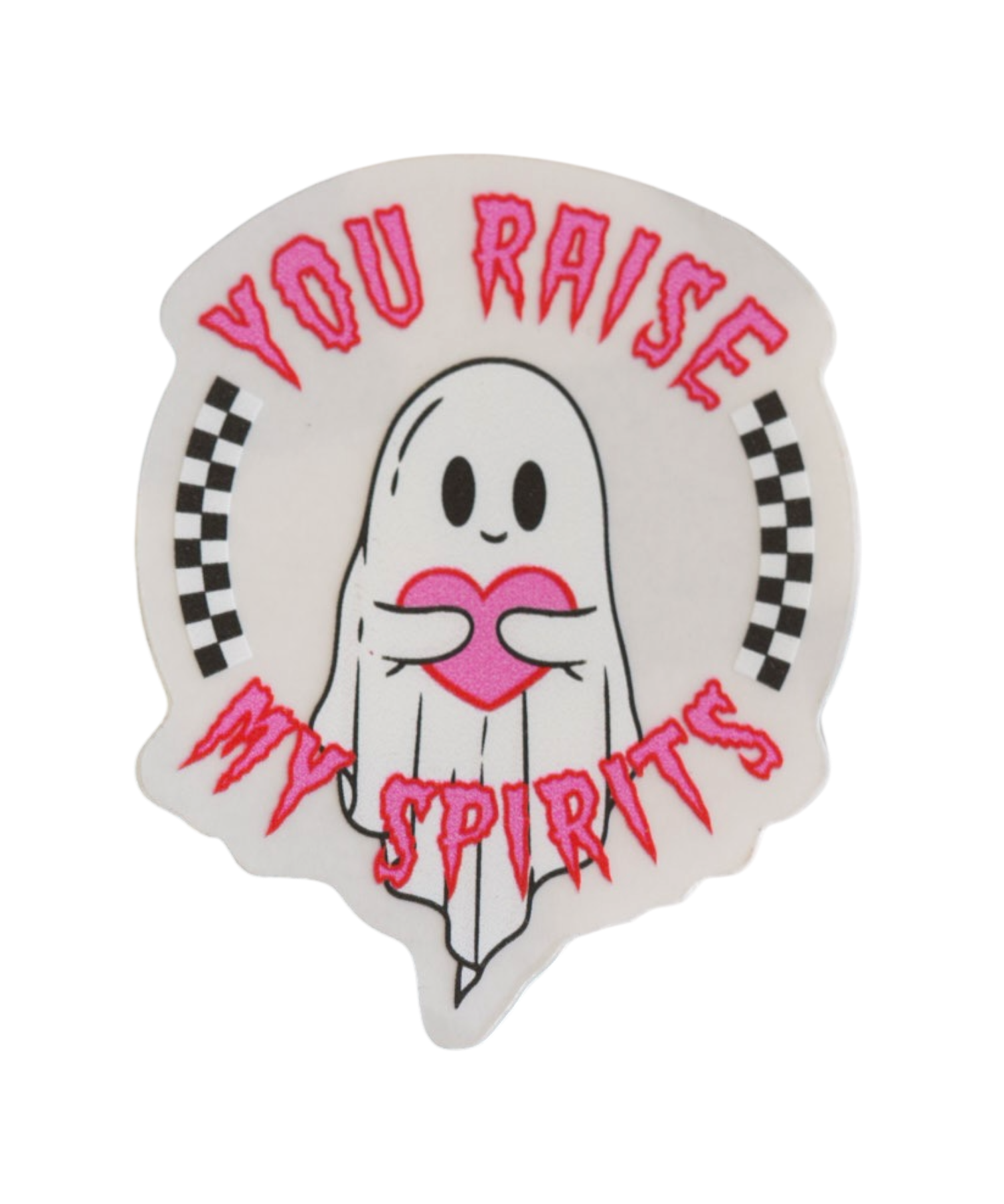 Spooky babe ghost sticker in pastel goth style, featuring the phrase 'You Raise My Spirits,' a fun mix of goth and alcohol-themed spirits.