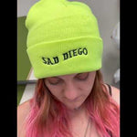 Close-up of the neon yellow Sad Diego beanie, showcasing its bold color and emo-inspired style – perfect for adding a unique touch to your look.