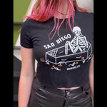 Rock the Sad Diego Coffin Crop Tee with a skeleton design, perfect for Emo Night vibes. Show off your Sad Diego style in this edgy crop top that’s a must-have for any Emo fashion lover!